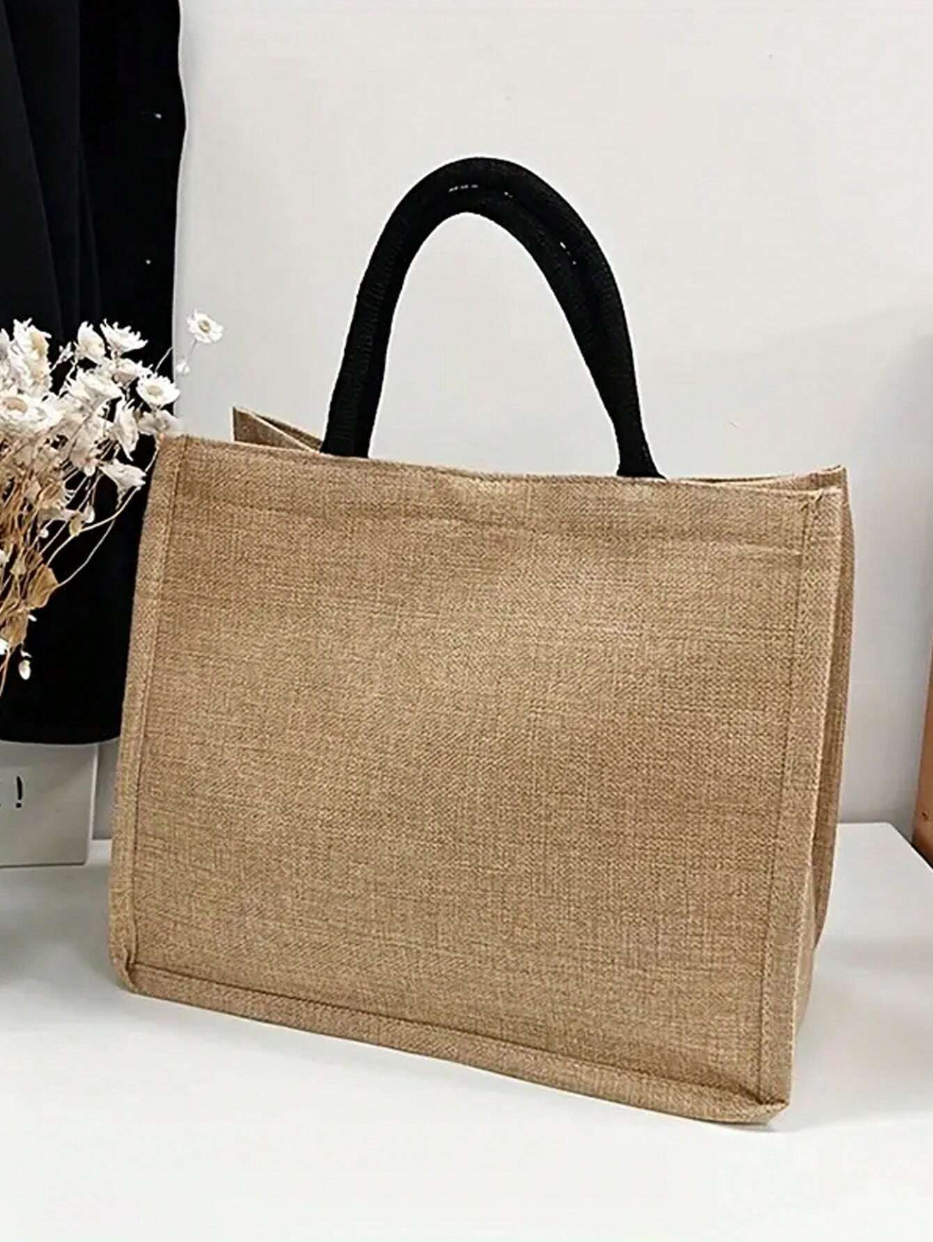 Simple Letter Print Linen Tote Bag